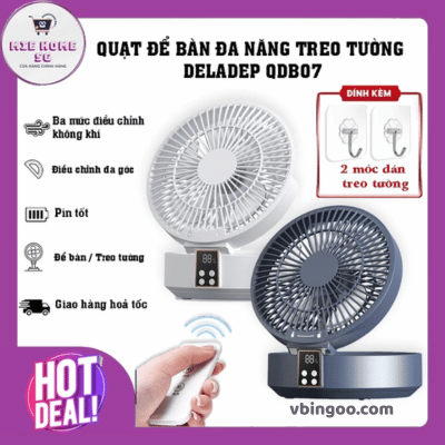 Quạt Tích Điện DELADEP QDB07 Để Bàn/Treo Tường
