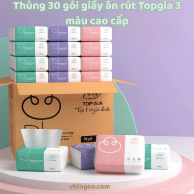 Thùng 30 gói giấy ăn rút Topgia 3 màu cao cấp