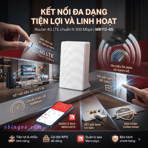 Bo Phat Wifi 4G LTE Khong Day Mercusys MB112 4G Bộ Phát Wifi 4G LTE Không Dây Mercusys MB112-4G